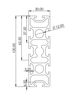 1.11.030100.65SP - aluminium Profiel 30x100, 8F SP