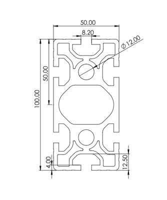 1.11.050100.64S - aluminium Profiel 50x100, 6E S - tekening