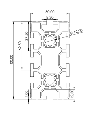 1.11.050100.84L - aluminium Profiel 50x100, 8E L - tekening