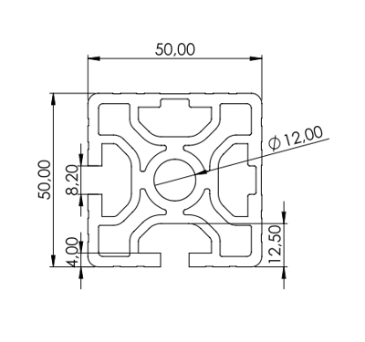 1.11.050050.22S - aluminium Profiel 50x50, 2E Soft S - tekening