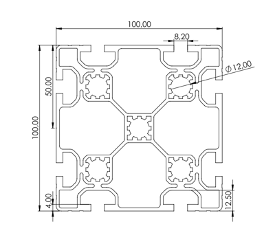 1.11.100100.83L - aluminium Profiel 100x100, 8E L - tekening