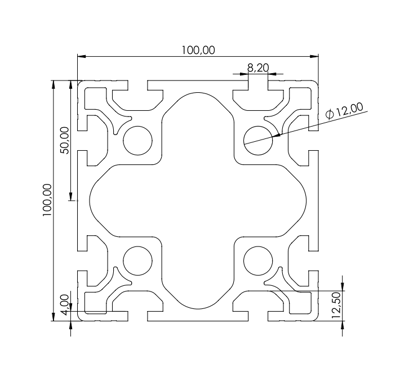 1.11.100100.83S - aluminium Profiel 100x100,8E S - tekening