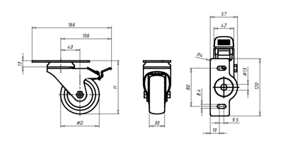 1.45.90100 - Zwenkwiel met montageplaat ø100 120kg PA